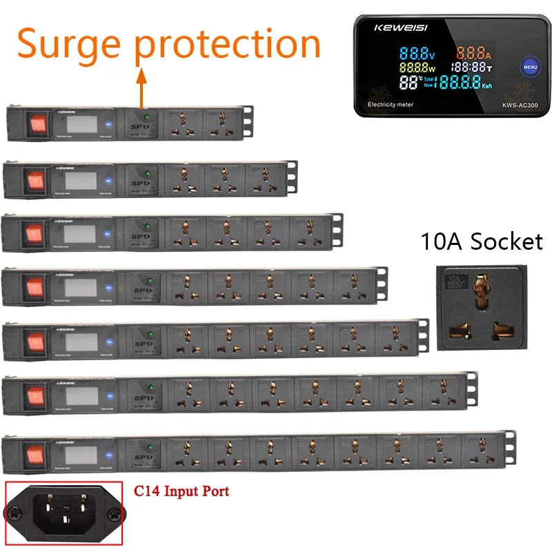 

Network cabinet rack power board with surge protection C14 input universal socket LCD AC voltmeter, without extension cord