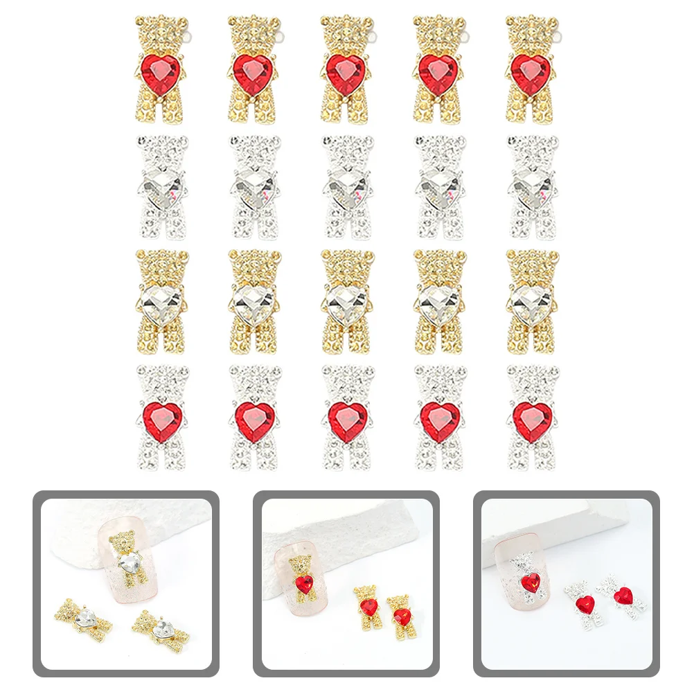 

20Pcs Bear Nail Rhinestones Shiny Heart Shape 3D Bear Manicure Decoration DIY Nail Art Rhinestones Manicure Ornament