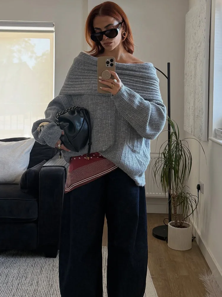 

HH Woman Streetwear Loose Lazy Wind One-shoulder Dew Shoulder Knitted Sweater Women Long Sleeve Solid Slim Pullover Top
