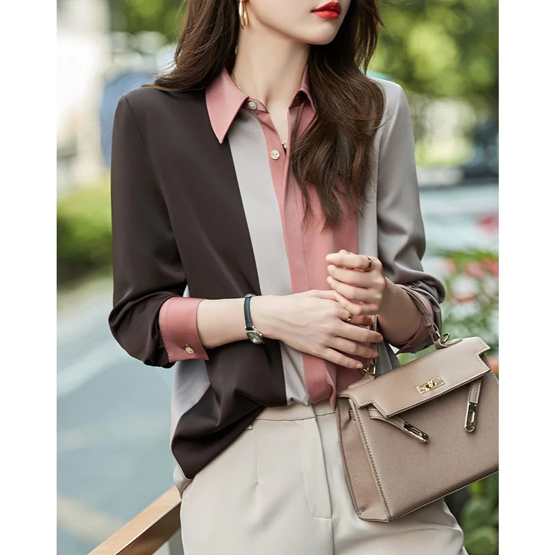 Satin Contrast Color Elegant Chic Office Lady Business Casual Button Up Shirts Korean Fashion Long Sleeve Tops Blouses for Women