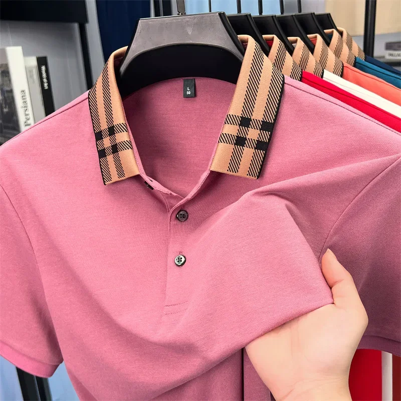 Pop High Quality Striped Lapel Short Sleeve T-shirt Men's Summer Comfort Fashion Trend Loose Casual New Breathable Luxury Polo S - Image 3