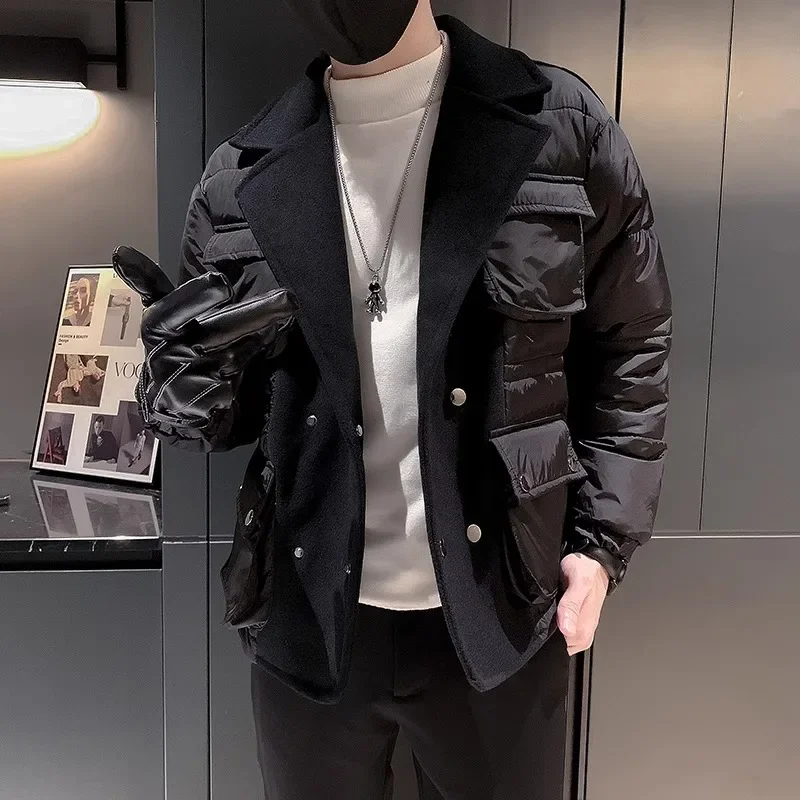 Korean Fashion Solid Color Jackets for Men Winter Thicken Warm Pocket Parkas Coat Loose Casual Hiphop Overcoat Men Clothing 2023