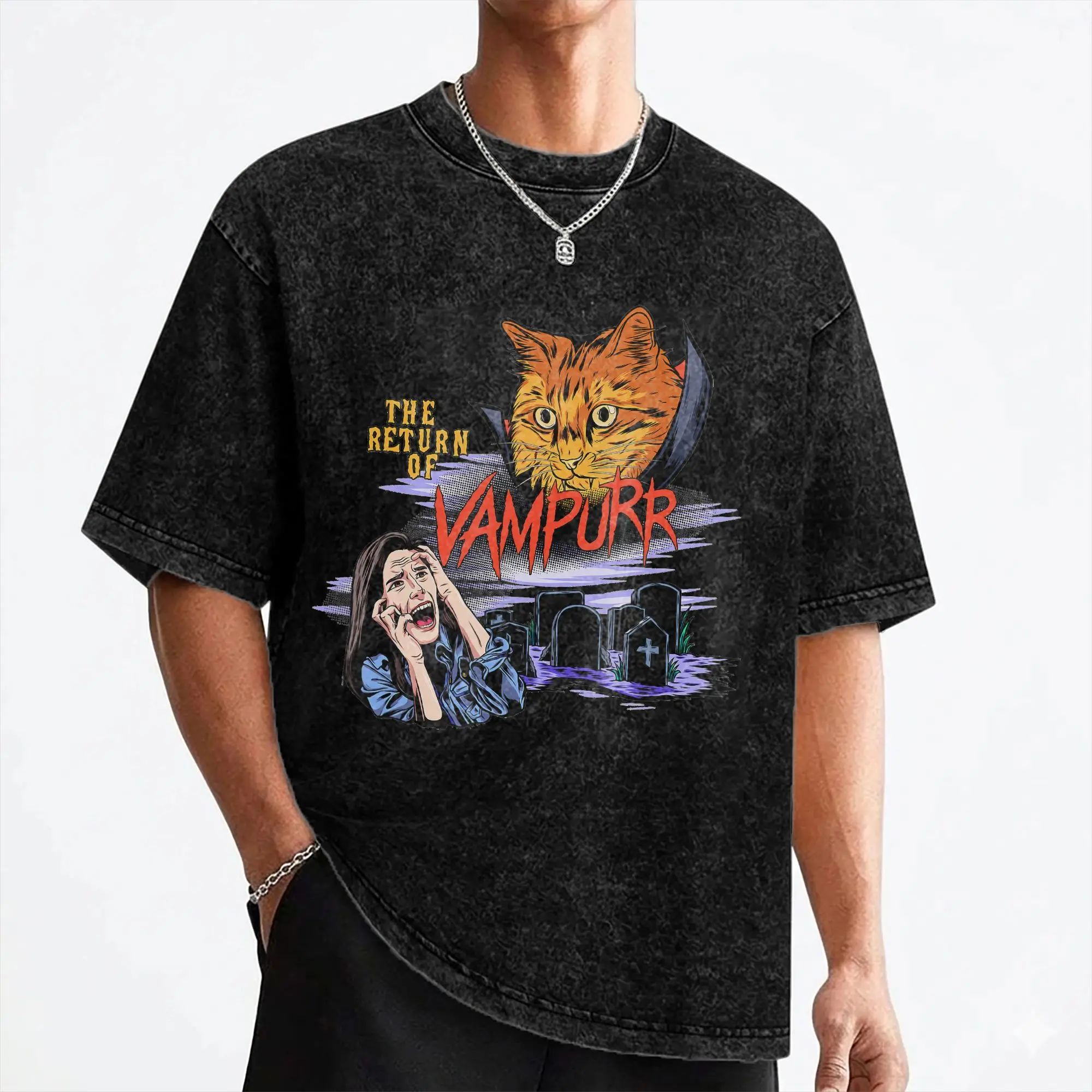 Return of The Vampurr  T Shirts Washed Short Sleeve Oversize T-Shirts Cute Cat Vintage Men Women Streetwear Graphic Printed Tees