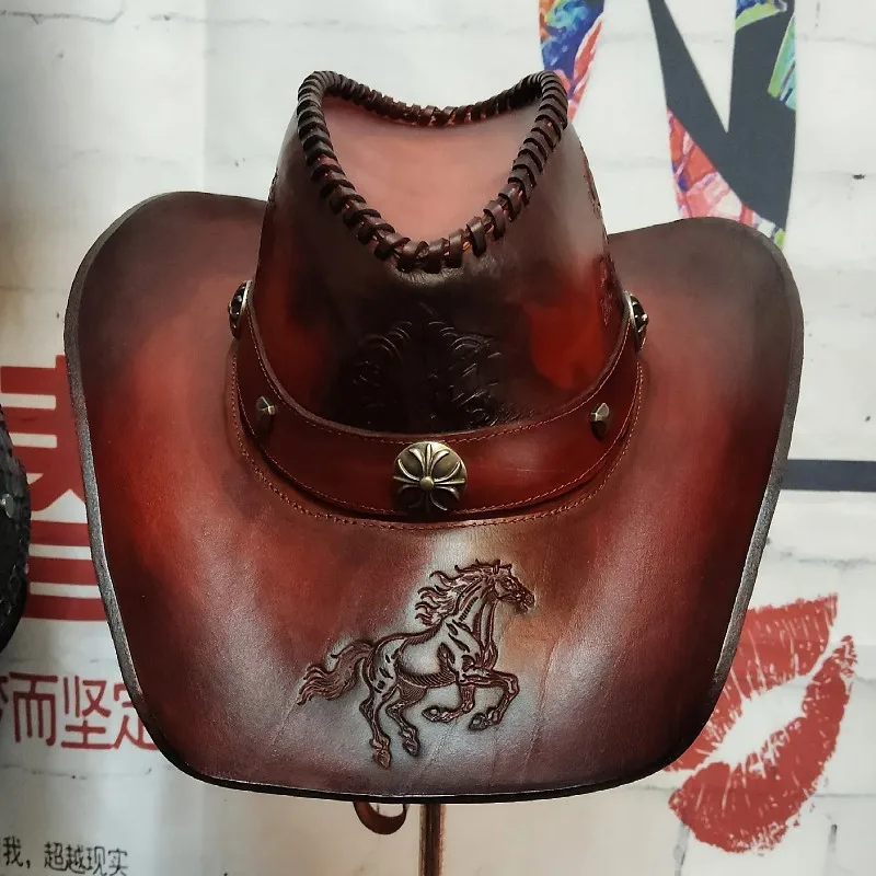 Men's and women's leather engraved top hats with riveted decoration wide brim