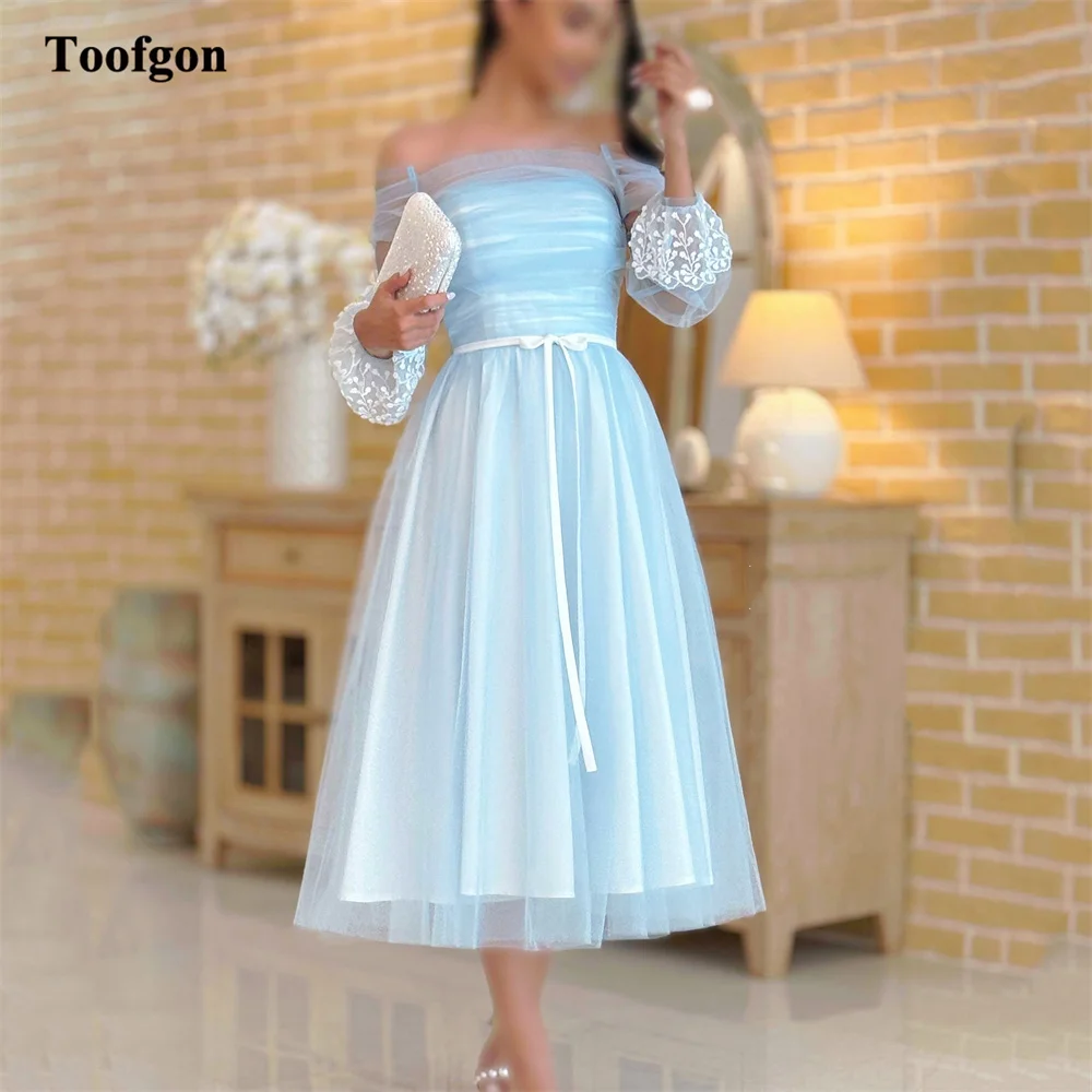 

Toofgon Simple Short Prom Dresses Customized Tulle Detachable Lace Long Sleeves Wrap Formal Evening Party Homecoming Gowns 2026