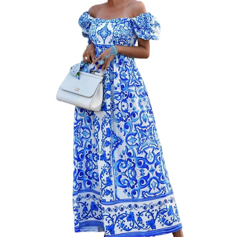 BAMBOOBOY Summer Print Waist Pleated Backless Dress Women Bohomian Elegant Off Shoulder Puff Sleeve Party Long Maxi Dresses