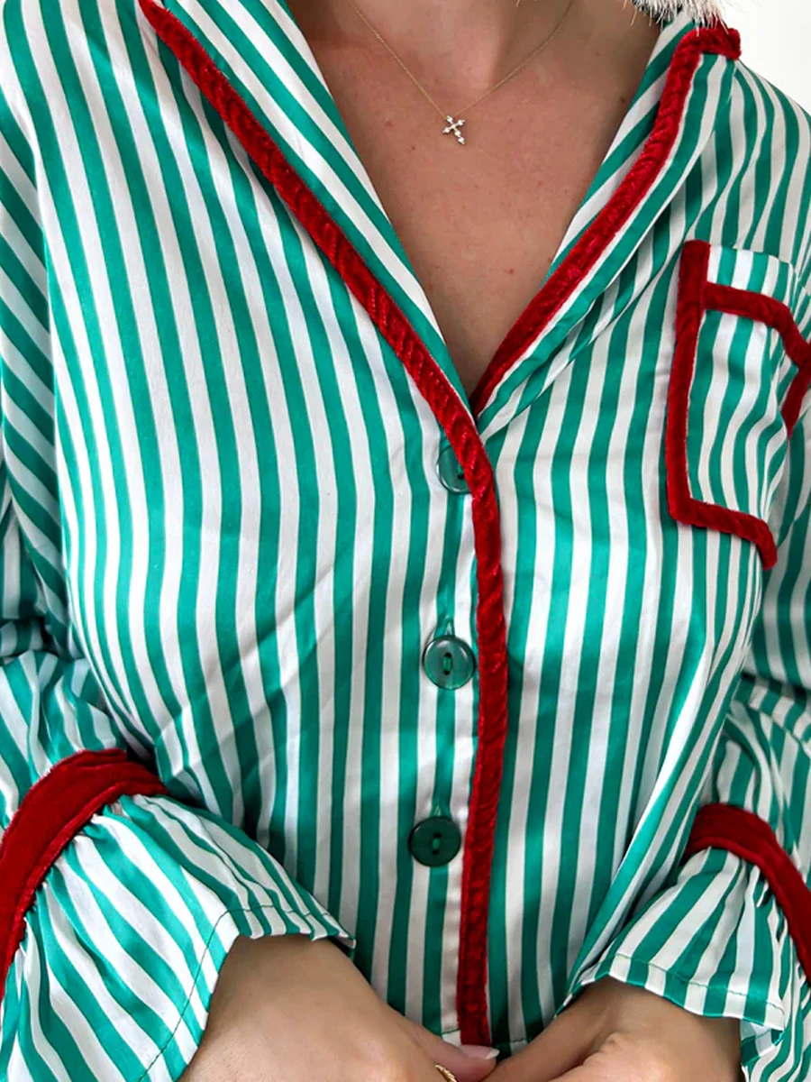 Womens Striped Pajama Set Long Sleeve Button-up Crop Tops Bow Long Pants 2 Piece Sleepwear Outfit