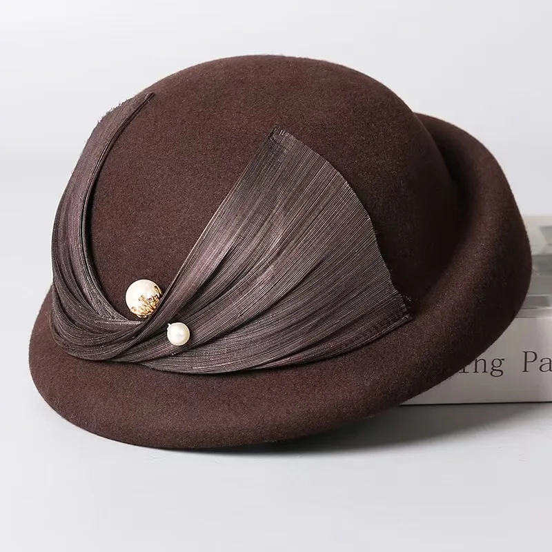 

Французский шелковый льняной берет, женский австралийский шерстяной фетровый шляпа с жемчужными акцентами, дизайнерская зимняя светская шикарная шляпа