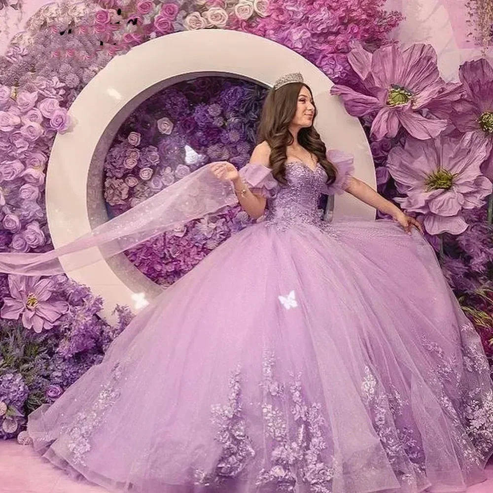 فساتين Quinceanera الأرجواني الكرة ثوب للفتيات الحلو 15 سنة ثلاثية الأبعاد الزهور Vestidos De XV Anos الخرز فستان حفلة موسيقية لأعياد الميلاد