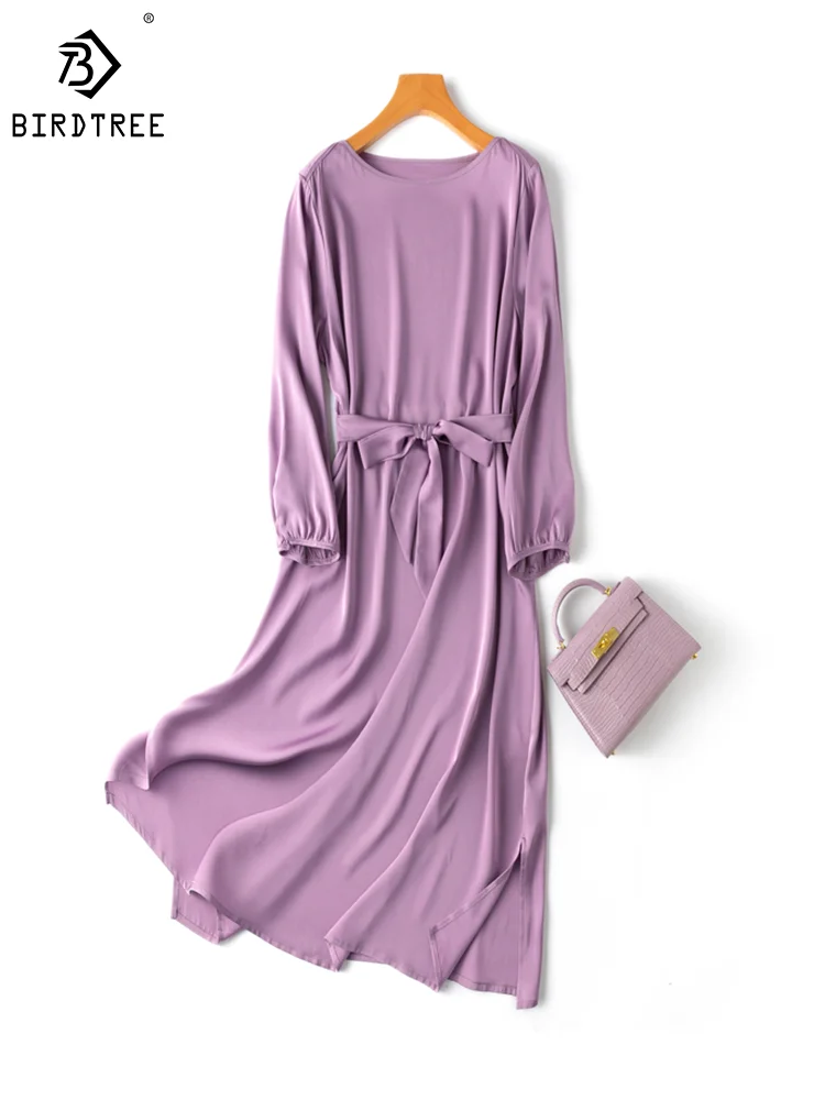 

BirdTree 93% Real Silk Office Lady Dresses, Women's Slash Neck Solid, Fashion Eelgant Loose Dress, 2024 Summer New D43905QM