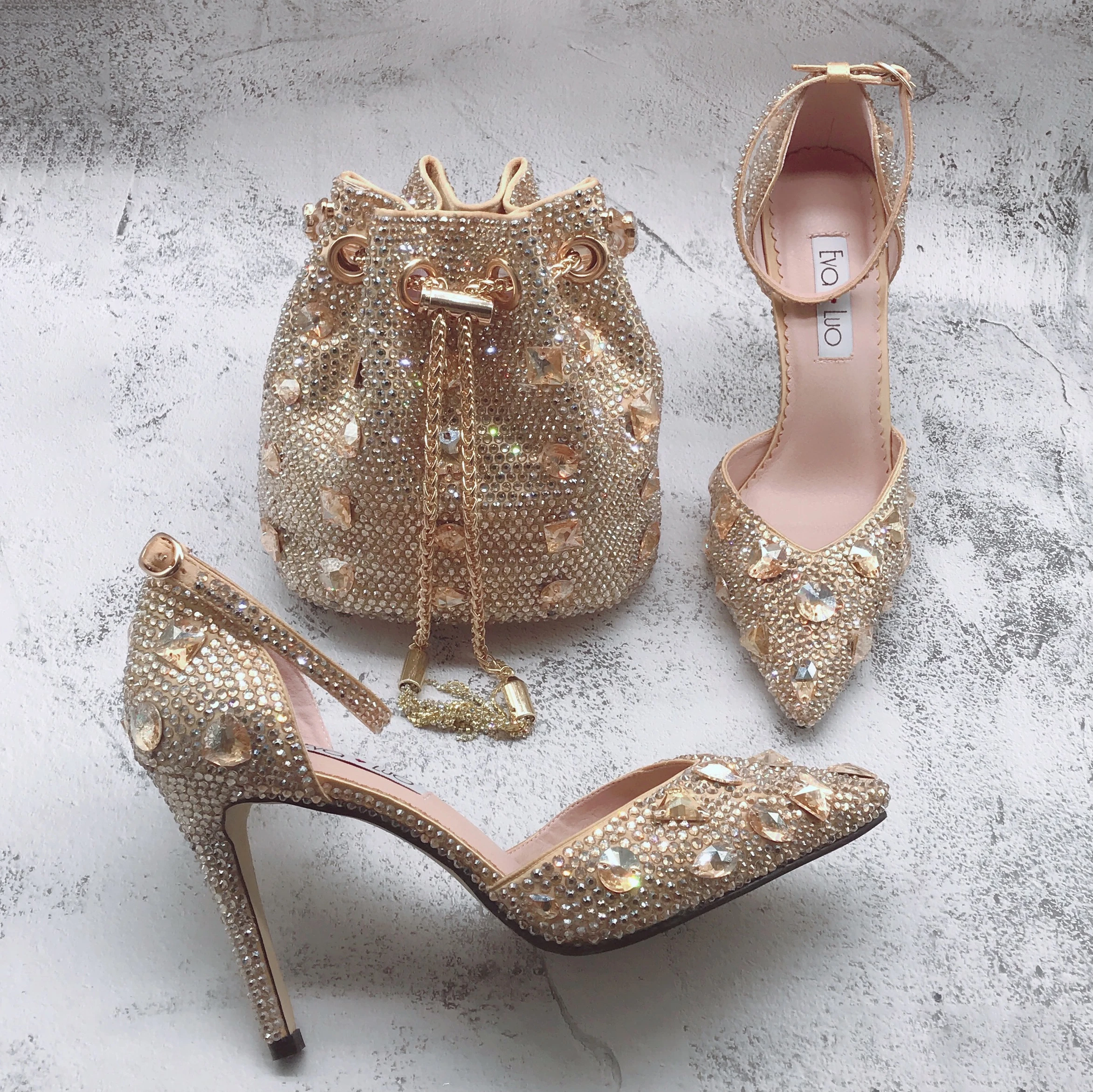 BS1709  Luxury Custom Made Wedding Shoes Champagne Gold Rhinestone  African Women Nigerian Italian  Shoes And Bag Matching Set