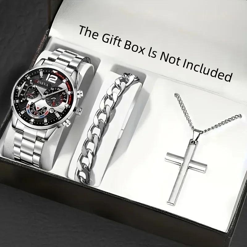 3pcs/set, Fashion Mens Business Stainless Steel Calendar Watches & Silvery Bracelet Cross Pendant Necklace