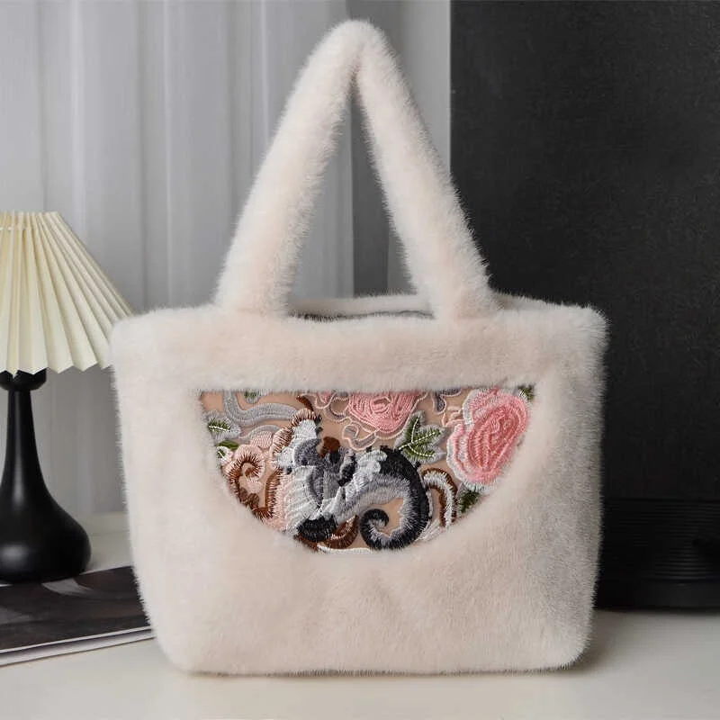 Winter Women's Artificial Fur Handbag Plush Retro Large Capacity One Shoulder Designer Women's Embroidered Black Handbag