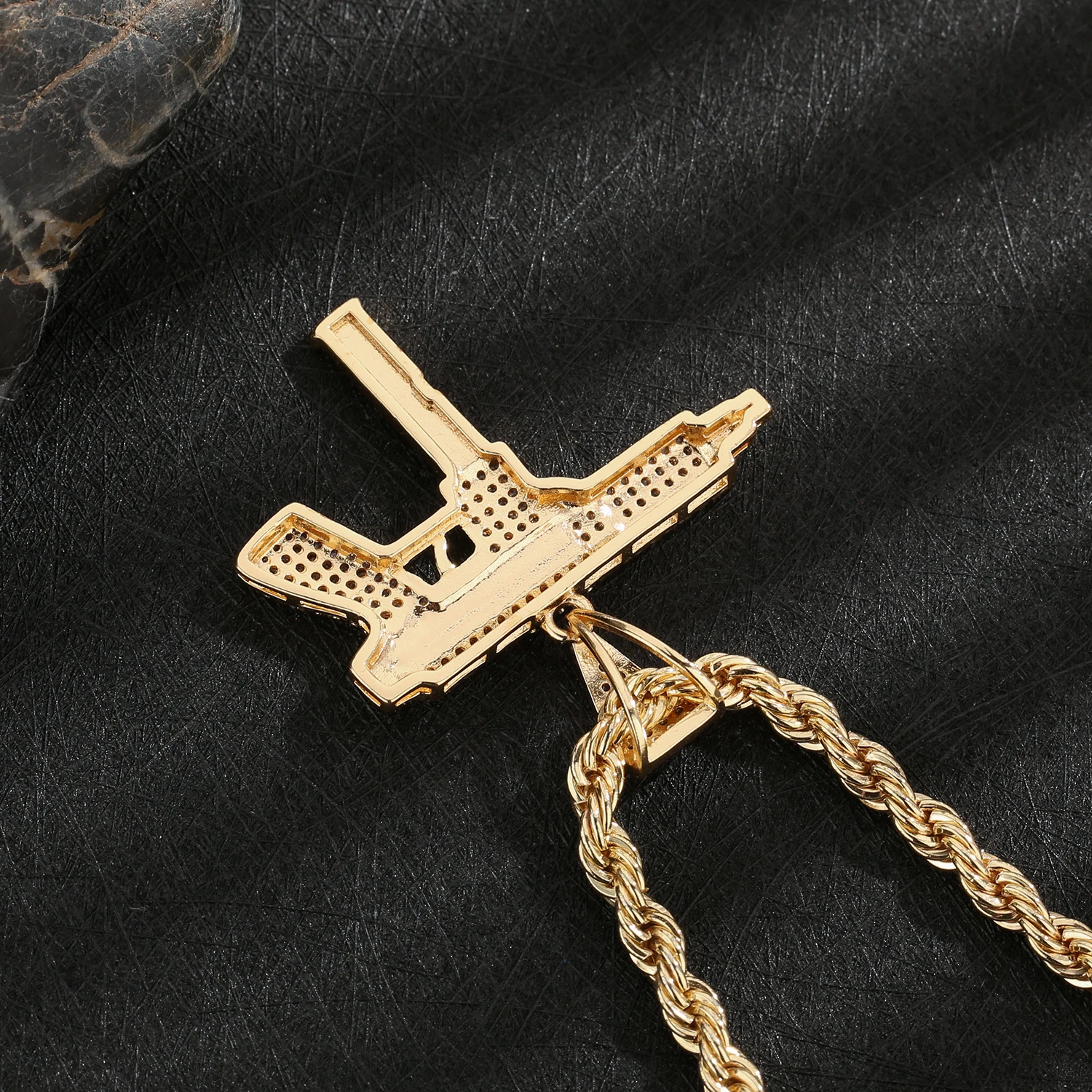 Men's Punk Pistol Pendant Necklace, 14K Brass Plated Gold, Jewelry Gift for Father or Boyfriend view 5