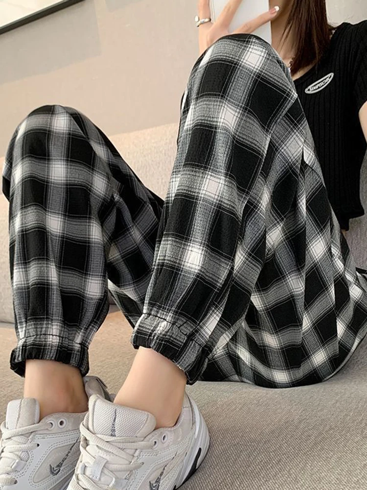 JMPRS Autumn Women Plaid Pants Black Fashion Drawstring Korean High Waist All Match Student Harem Pants Casual Female Trousers