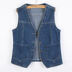 S-6XL Plus Size Denim Vest For Women Vintage V-Neck Sleeveless Waistcoat Spring Autumn Casual Single-Breasted Outerwear
