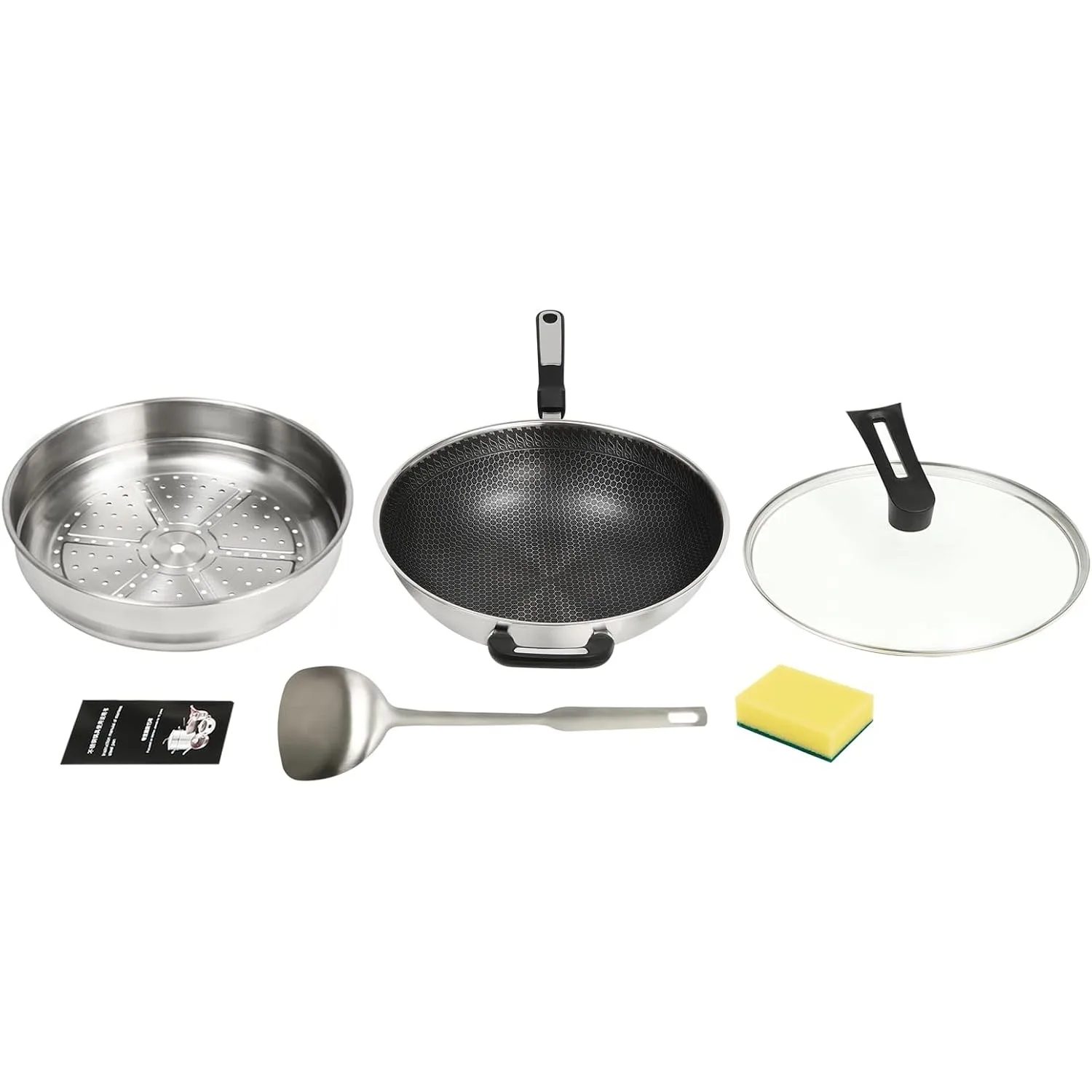 

13-дюймовая сковорода-вок из нержавеющей стали с крышкой, сотовым покрытием, сковороды для жарки, индукционный набор вок с антипригарным покрытием, китайский вок нет