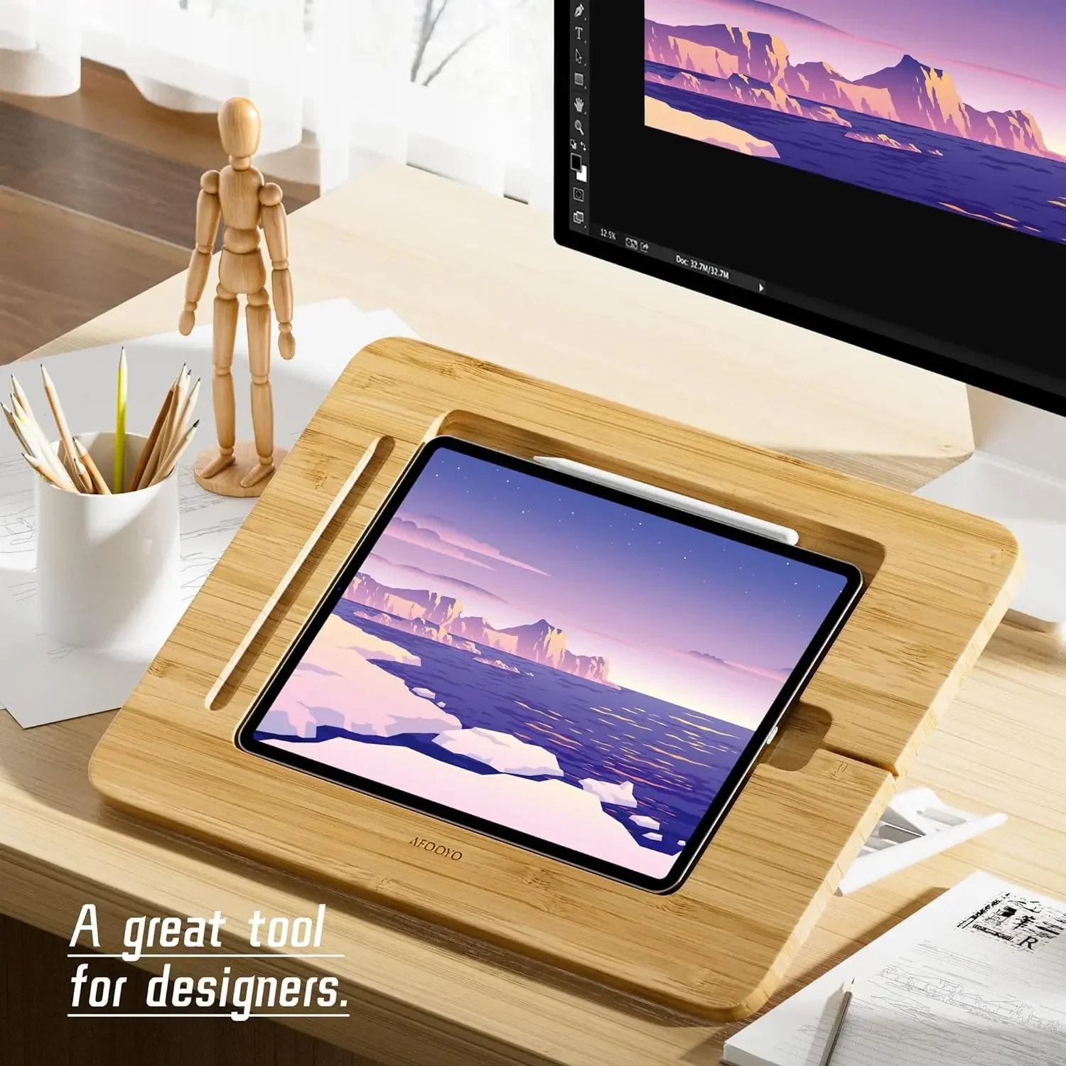 Wooden IPad Drawing Stand Tablet Stand - Adjustable 5 Angles for Laptop Book Reading Stand Compatible with IPad Case Version