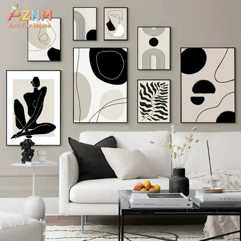 AZNM Boho Abstract Line Art Canvas Wall Art, Minimalist Black Beige Female Figure Print Poster, Unframed Modern Geometric Botani