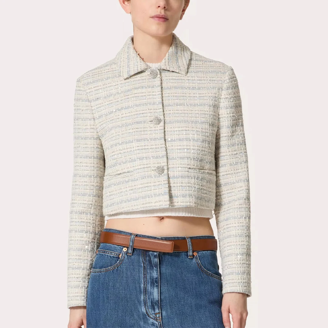 

NIGO Women's Spring And Autumn Solid Color Tweed Single Breasted Lapel Short Long Sleeve Fitted Jacket Ngvp #nigo9265