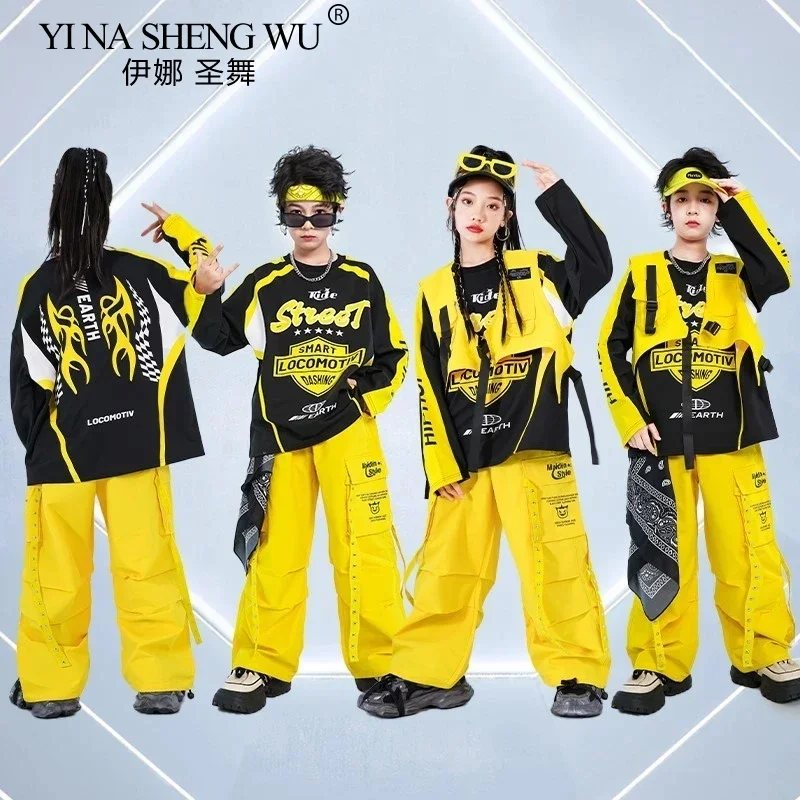 Hip hop meninos moda colete legal moletom calças de carga meninas k-pop conjuntos de roupas de dança de rua crianças trajes jazz criança streetwear