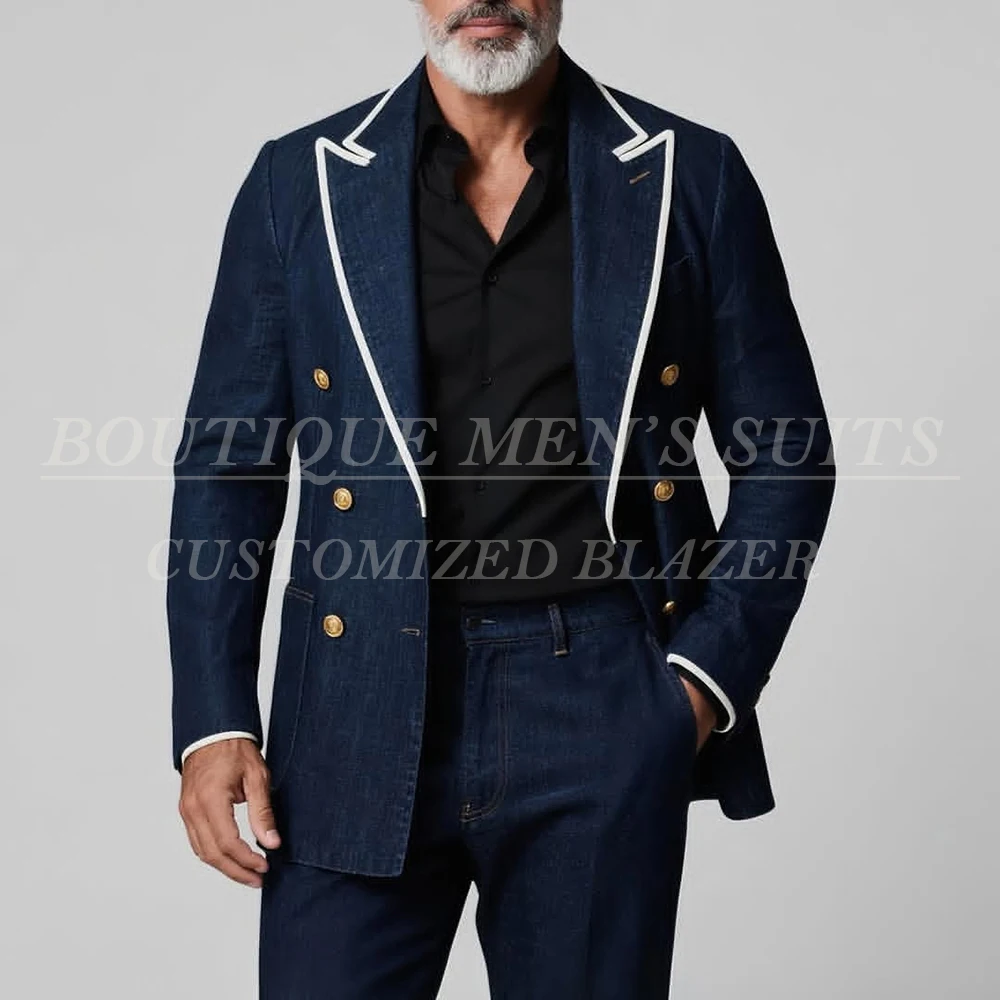 

Модные джинсовые мужские костюмы, комплект из двух предметов, куртка, брюки, роскошные двубортные остроконечные лацканы, облегающая мужская одежда, наряды высокого качества
