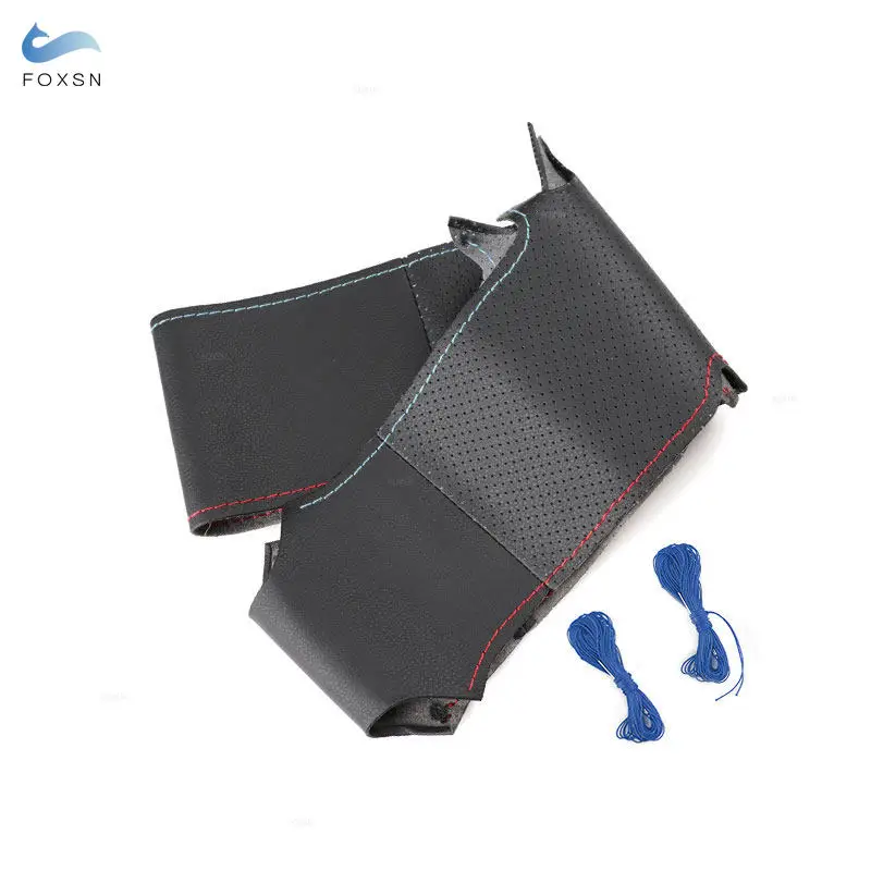 Car Accessories Braid Steering Wheel Cover Hand Sewing Black Leather red blue line For BMW M Sport M3 E46 330i M5 E39 525i