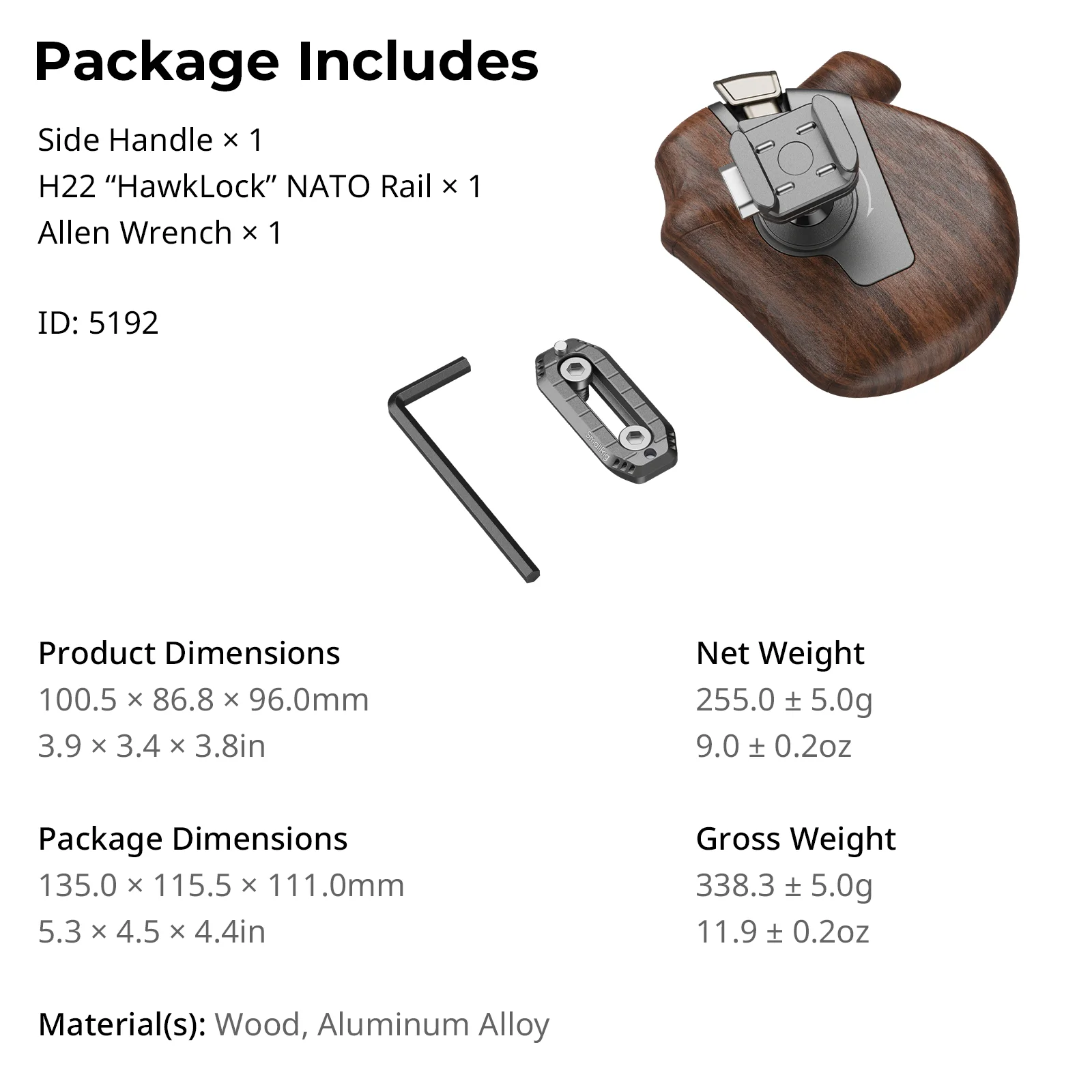 SmallRig Roterend Rechts/Links Houten Handvat met NAVO Klem voor Camera/Monitor Kooien & Montageplaten met “HawkLock” -5192/516