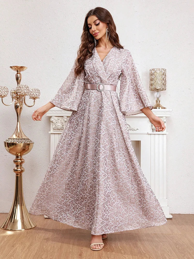 TOLEEN-Women Flare Sleeve Belted Wrap Dress, Long Dresses, All Over Print, Luxury, Elegant, Arabian Party, Evening, Summer, 2024