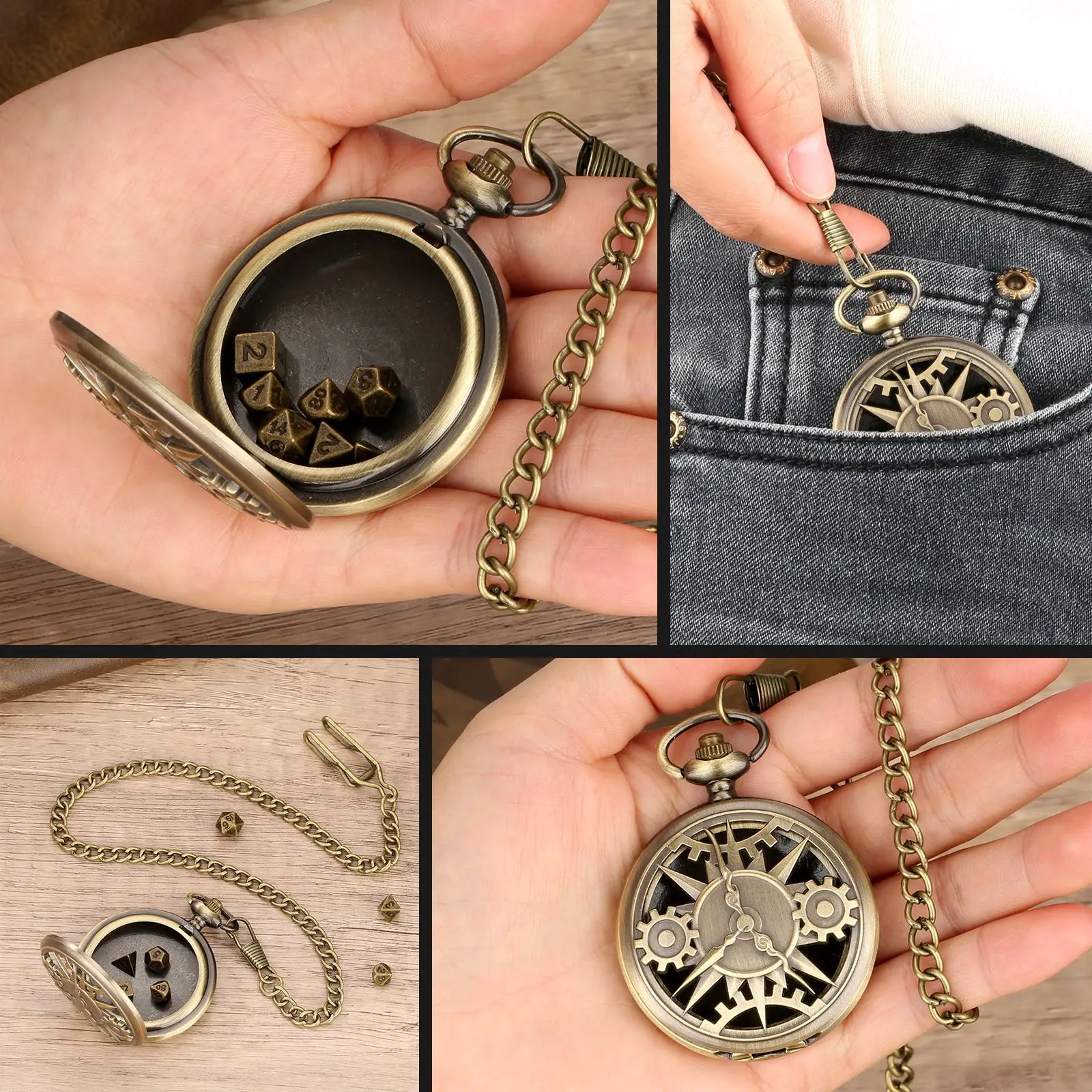 7 Stuks Dnd Dobbelstenen Met Vintage Zakhorloge Hoesjes Voor Dnd Met 39Cm Ketting Holle Klok Gear Pocket Watch Dnd Doce Geschenken Bordspel