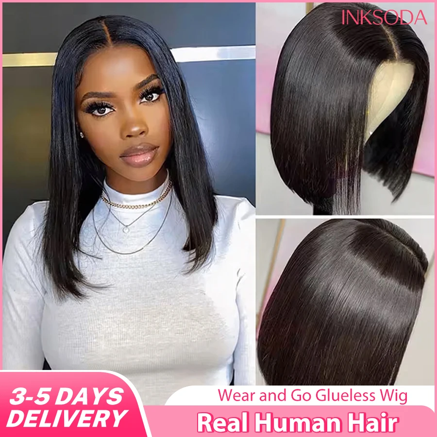 

Парик из натуральных волос, короткий прямой боб, 220% плотность, с кружевной передней частью 5x5, предварительно выщипанный, без клея, из бразильских волос, для женщин