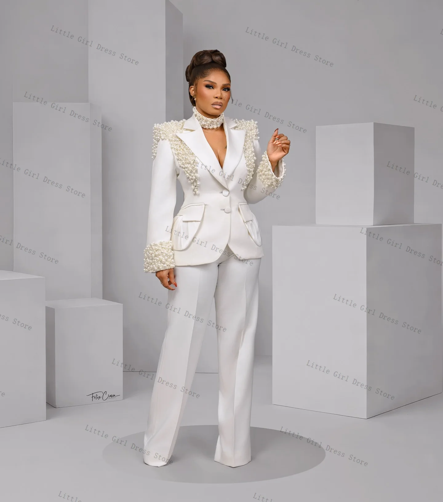 

Pearls White Women Suit Set 2 Piece Luxury Blazer Pants Trouser Formal Office Lady Jacket Prom Wedding Bride Coat Customized
