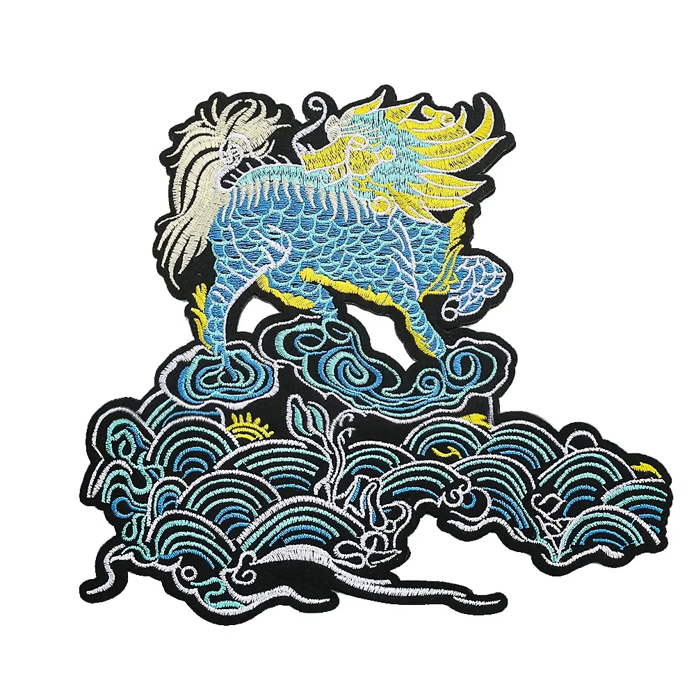 1pc Large Chinese Mythical Animals Applique Kylin Clouds Auspicious Embroidery Iron on Transfer Patches for Clothes Sewing Badge