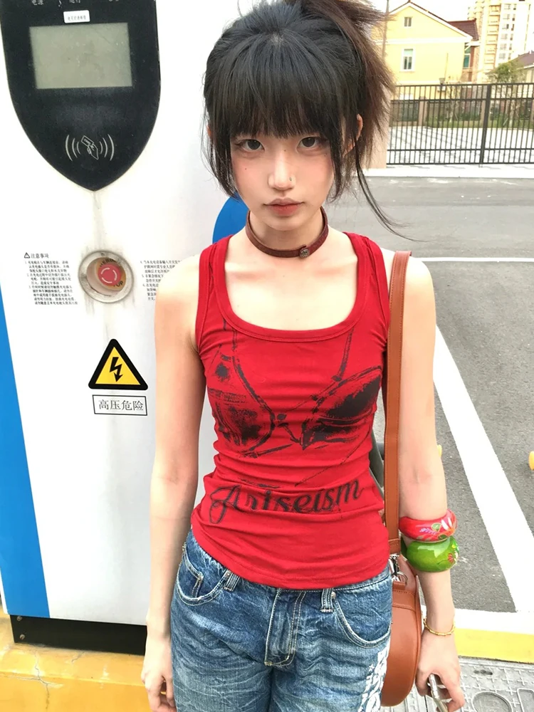 Genayooa Gothic Vintage Tank Tops Vrouwen Mouwloze Print Grafische Tops Streetwear Y2k Japanse Jaren 2000 Vest Grunge Tops E-meisjes
