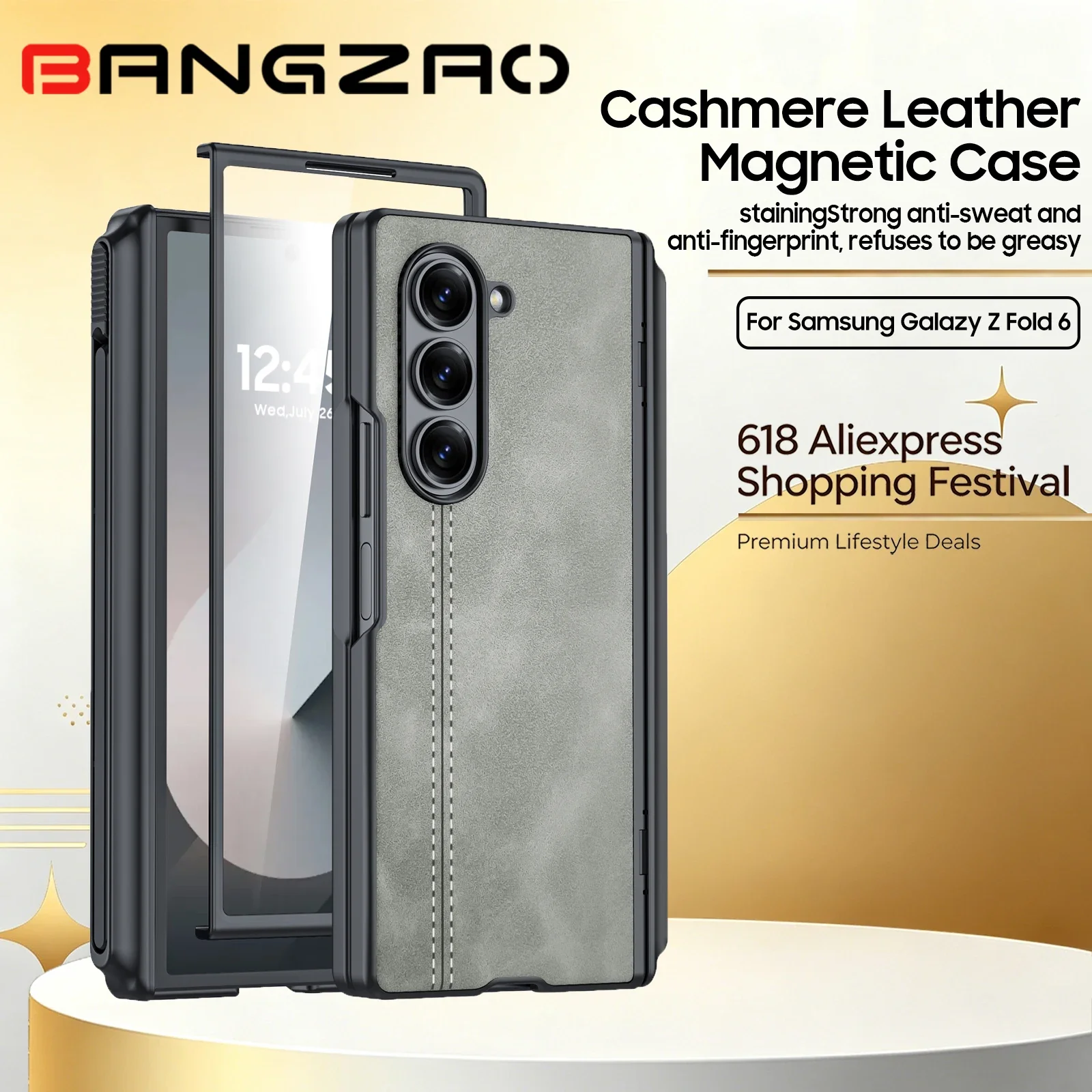 

618 Sale For Samsung Galaxy Z Fold 6 Case With S Pen Holder 9H Glass Screen Protector Hinge Protection Leather Cover-Gery
