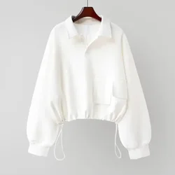 2025 Spring Autumn Trendy Pullovers Women Loose Casual Thin Tops Drawstring High Waist Sweatshirt Korean Long-sleeved Short Coat