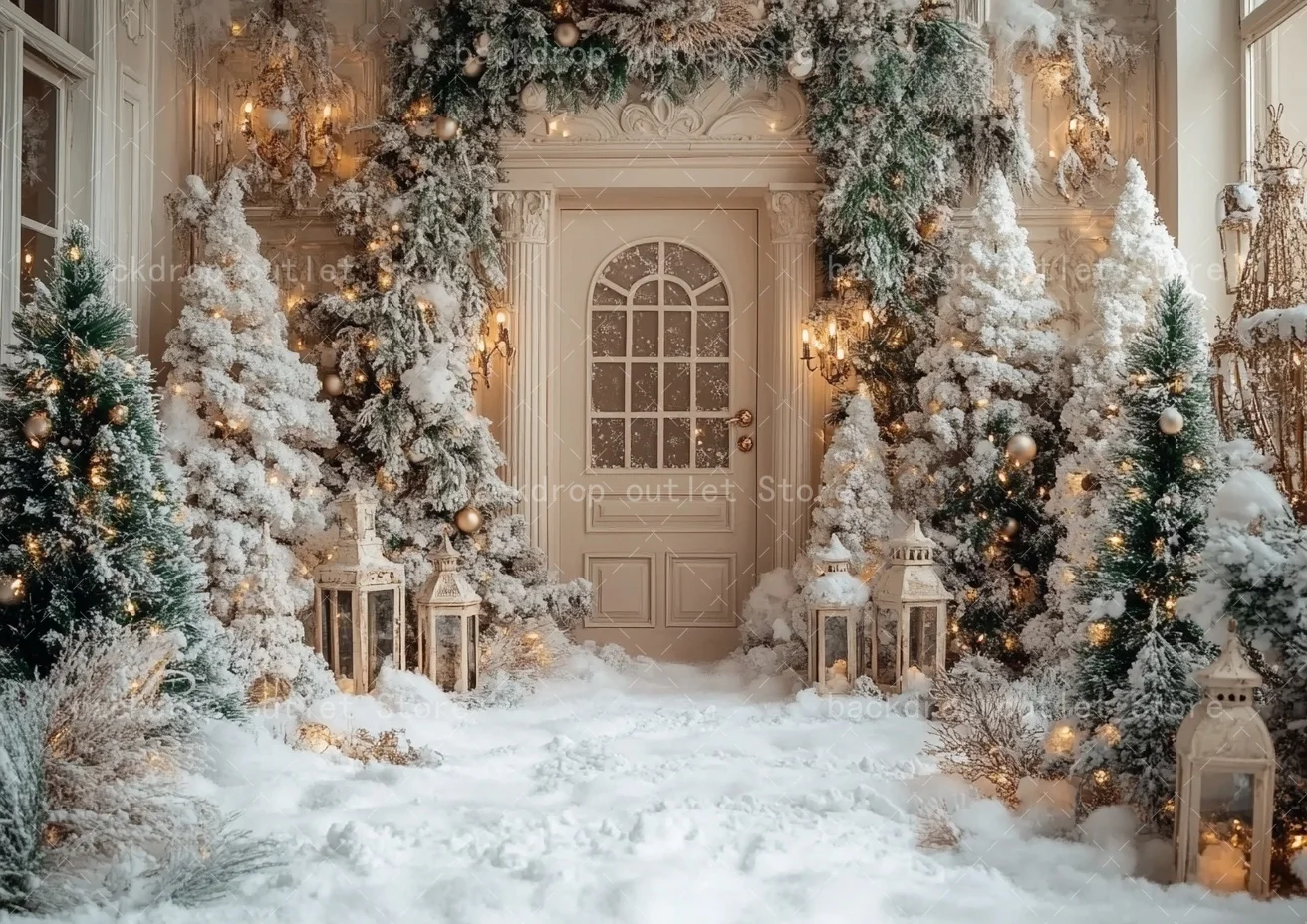 Mehofond Weihnachten Fotografie Hintergrund Beige Tür Fenster Weihnachtsbaum Lichter Dekor Kinder Familie Porträt Hintergrund Foto Studio