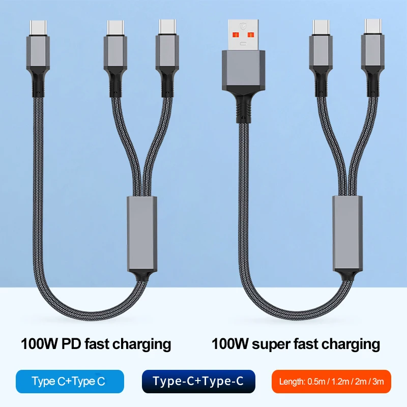 2 in 1 USB C to Dual Type C PD Fast Charging Data Cable,Multi Functional Braided Cord for iPhone 17/17Pro/16 Max Series,Samsung