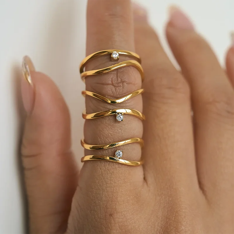 Double layered cz stone thin rings stainless steel rings for women minimalist dainty stainless steel jewelry new in 2024