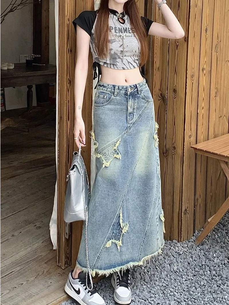 Mode Star Gragic Nieuwe Denim Lange Rok Dames Emo Hoge Taille Maxi Rok Koreaanse Stijl Sexy Wrap Hip Midi Jeans Rok Y 2K Meisje