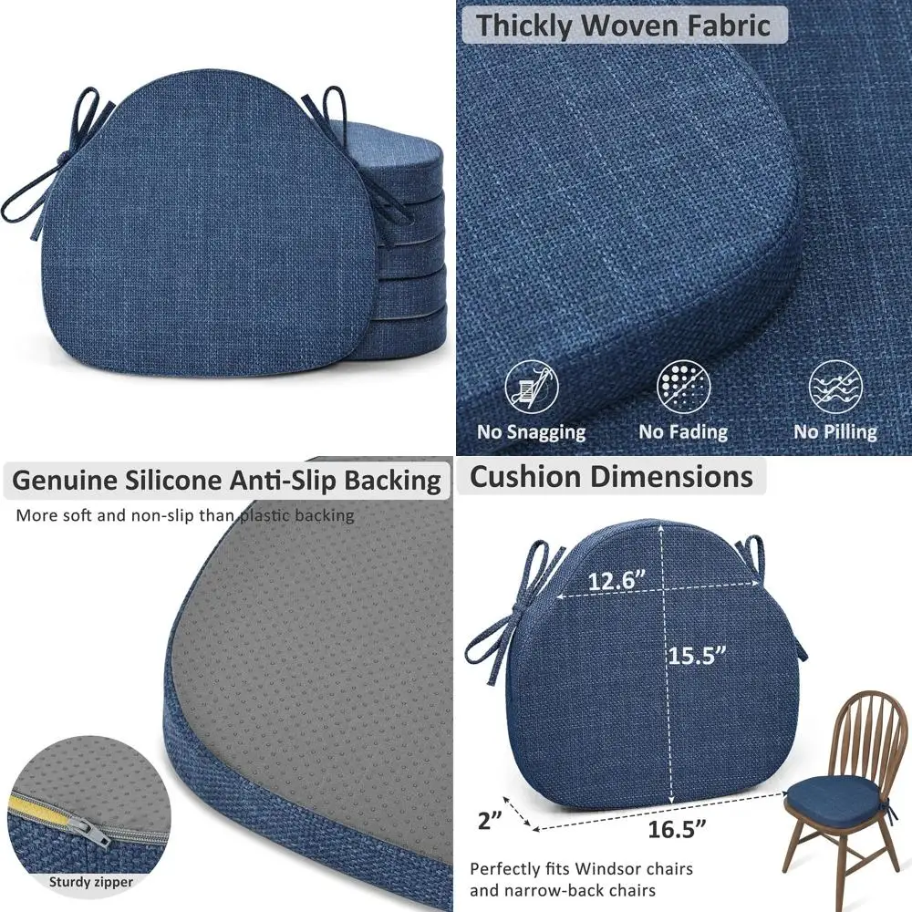 

Set of 6 Navy Blue Kitchen Chair Cushions, High-Resilience Foam, Ties Included, 16.5x15.5x2