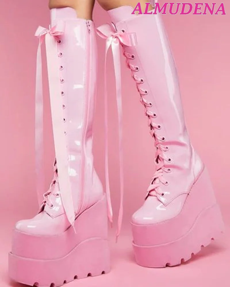 Ribbon Lace Up Knee High Platform Boots Women Pink Leather Super High Heels Big Size Boot Wedges Y2K Lolita Dress Highten Shoes