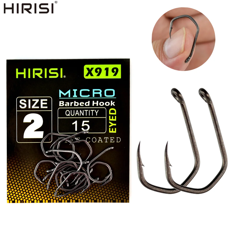 Hirisi X919 15 szt. haczyków wędkarskich z wysokowęglowej stali, powlekanych PTFE, z mikro-otworem i oczkiem, haczyki karpiowe, akcesoria wędkarskie