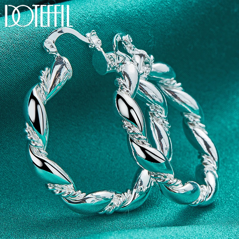 DOTEFFIL 925 Sterling Silver Twisted Rope Loop 38mm Circle Hoop Earring For Woman Fashion Party Wedding Engagement Party Jewelry