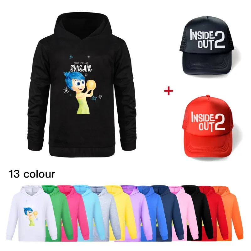 Sudadera con capucha para niños Inside Out 2, ropa para niñas, ropa de moda para niños Joy, Tops deportivos cálidos para otoño + gorra, regalos de temporada de regreso a la escuela