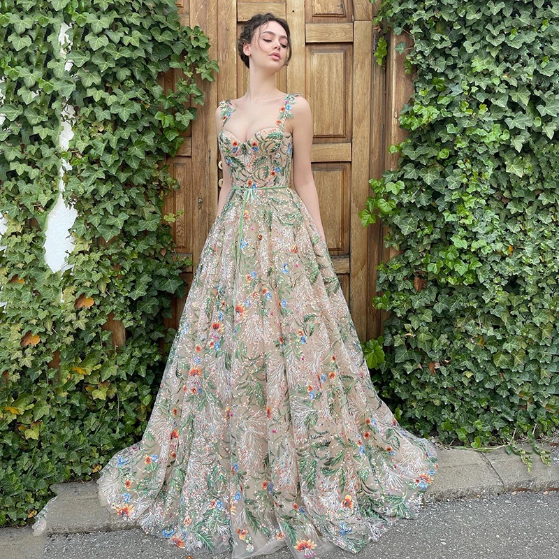 Thinyfull Formal A-Line Prom Evening Dresses Flower Printed Sweetheart Night Dress Saudi Arabia Cocktail Party Gowns Custom Size