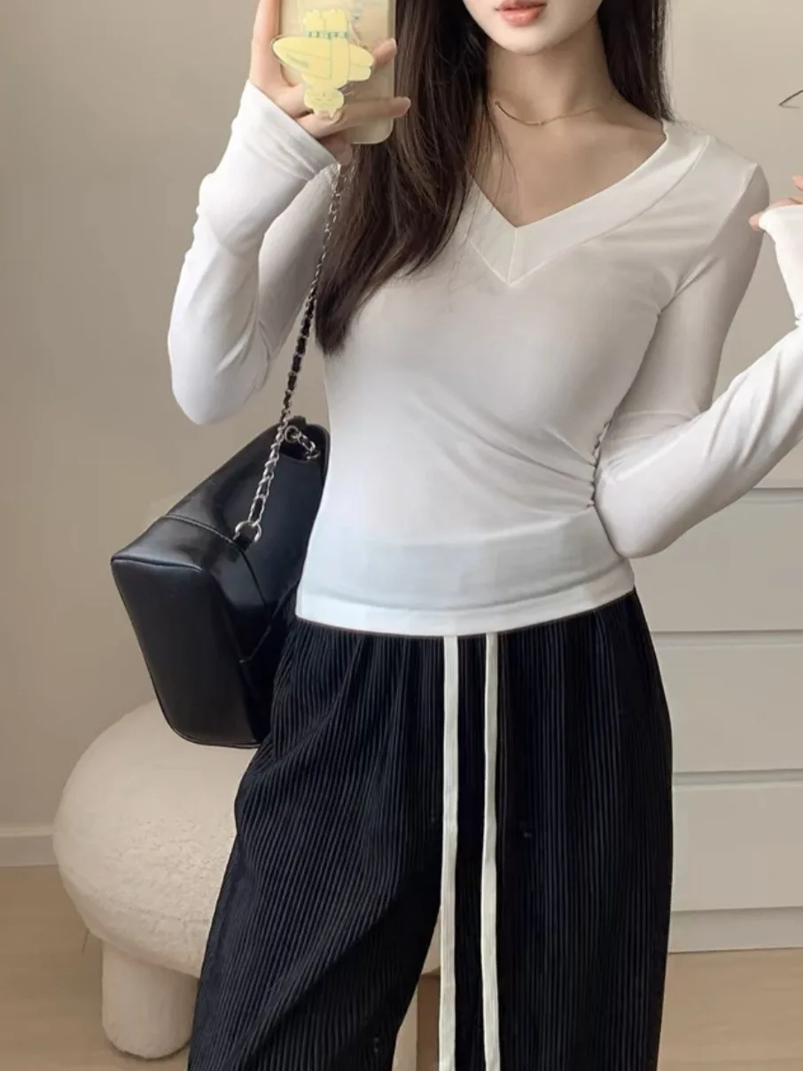 2024 Autumn/winter New V-neck Long Sleeve Pullover Women Cinching Waist Solid Color Slim Casual Versatile Knitted Top APM5