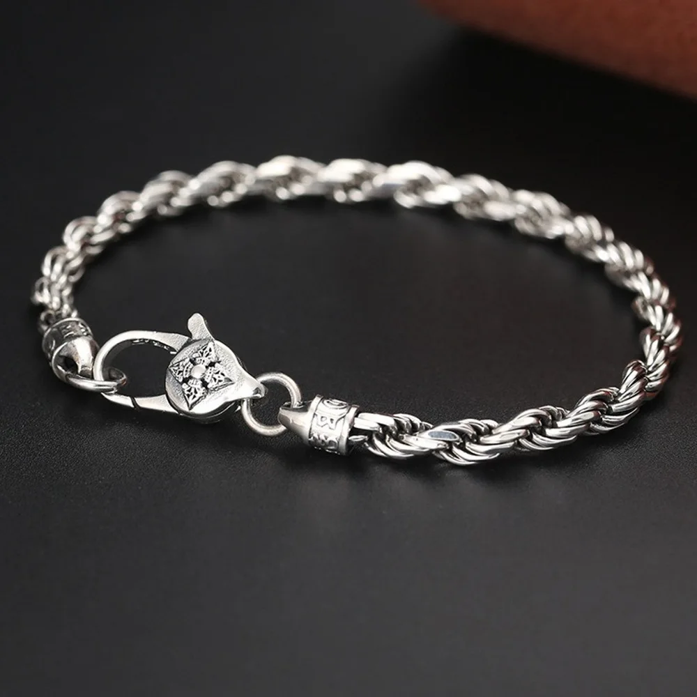 

Real Solid 925 Sterling Silver Chain Men Lucky Mantra 4mm Retro Twist Rope Bracelet 14-15g/21cm