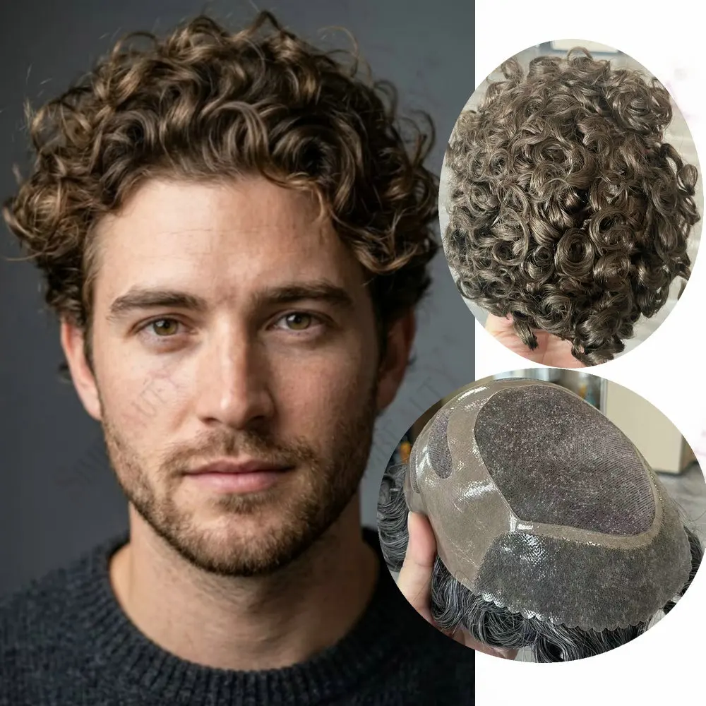 26mm Curly Men's Toupee 17# Dark Blonde 565# Gray Brown Human Hair Natural Hairline Capillary Prosthesis Durable Bond Mono Base