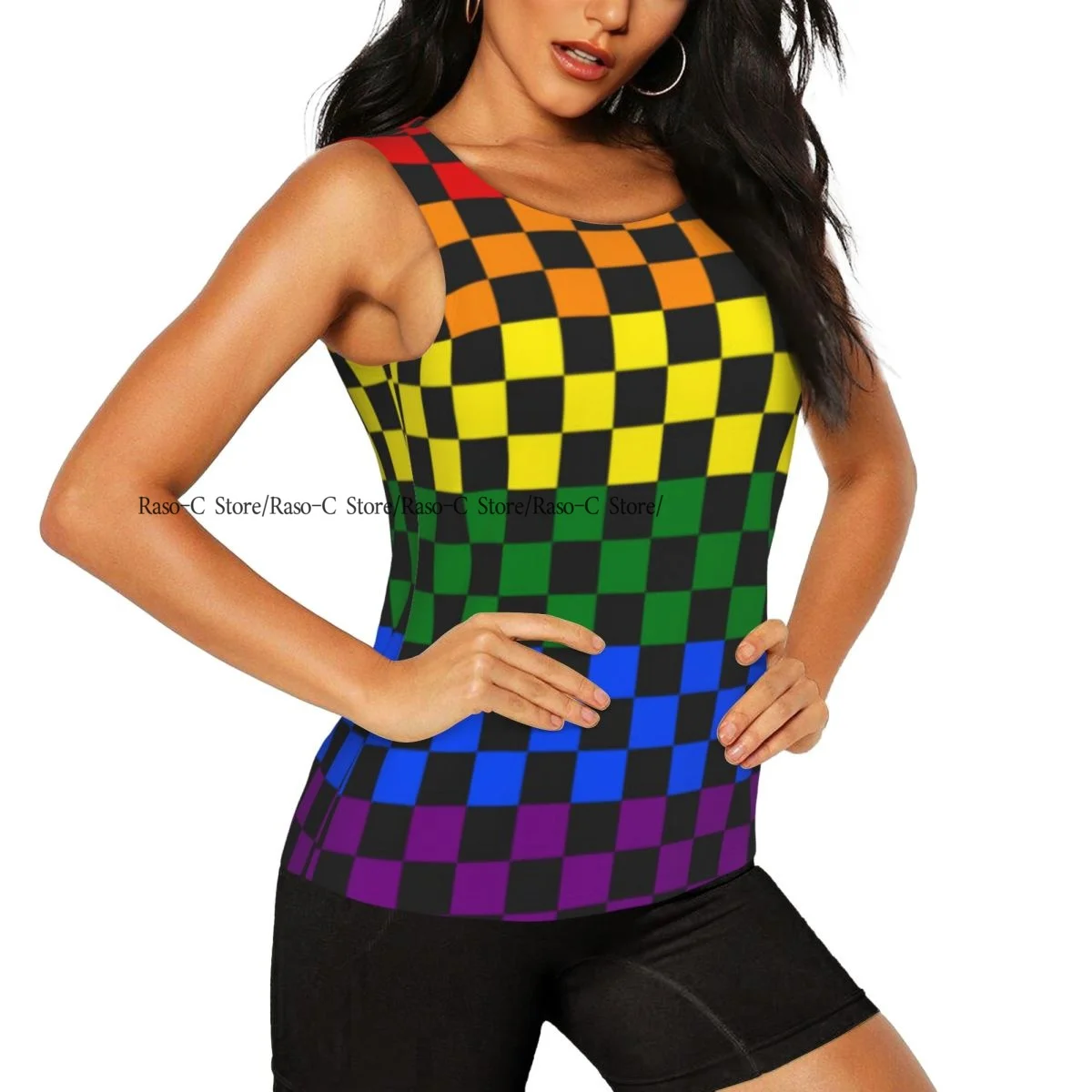 Women Sexy Vest Checked Board Rainbow Chessboard Sleeveless Round Neck Tank Tops Female Casual Basic Camisole
